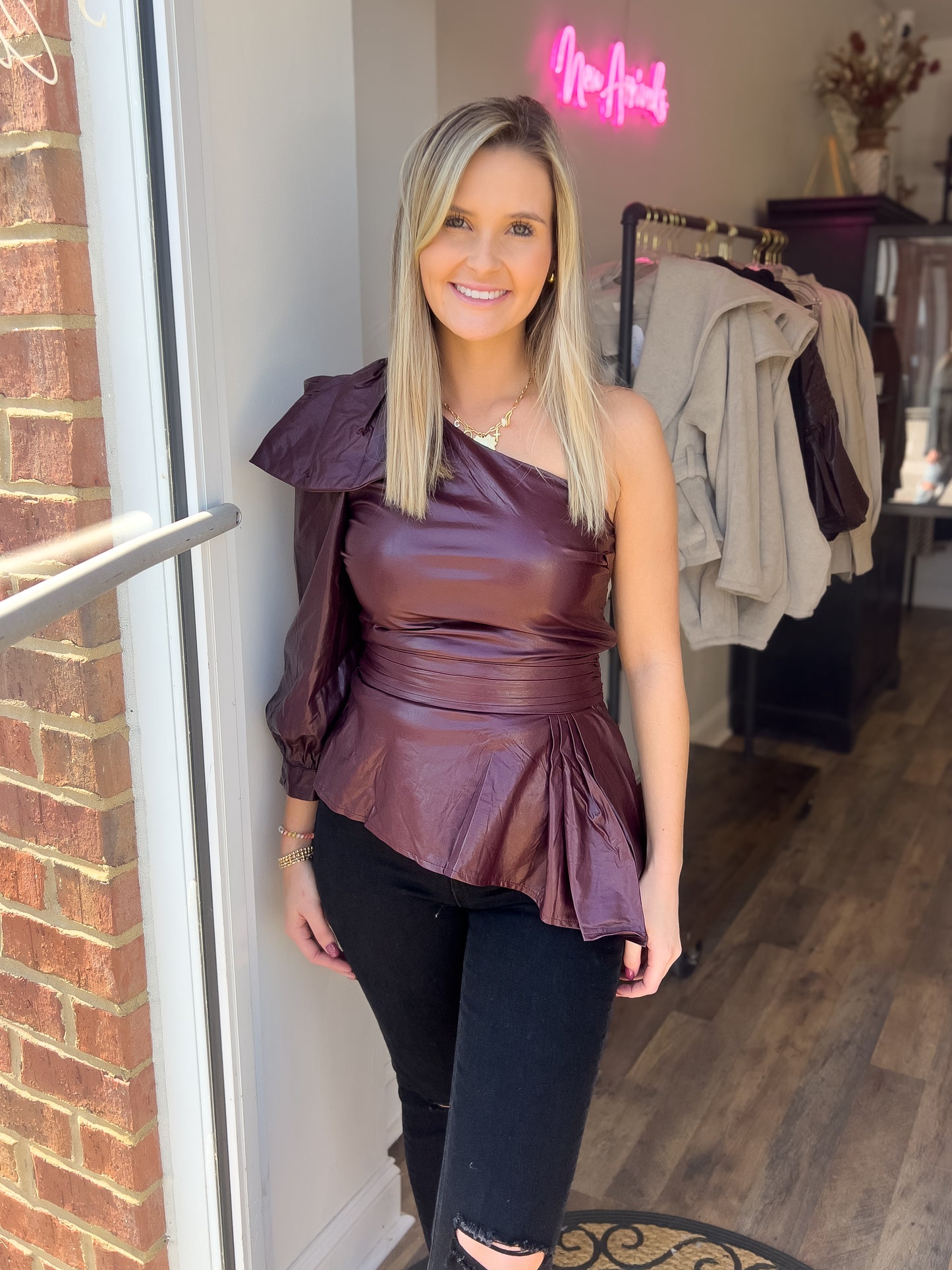 Burgundy Pleather One Shoulder Top