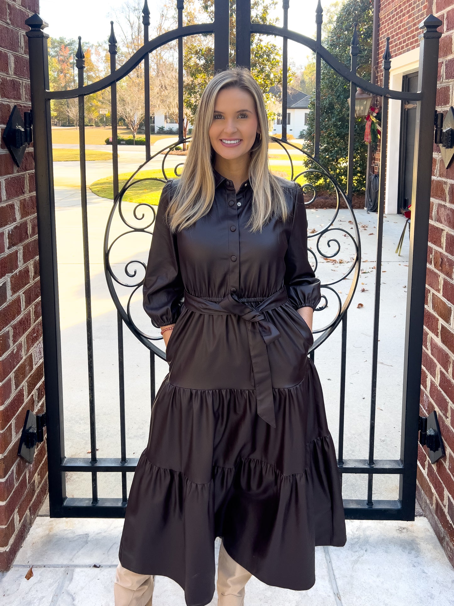 Brown Leather Midi Dress