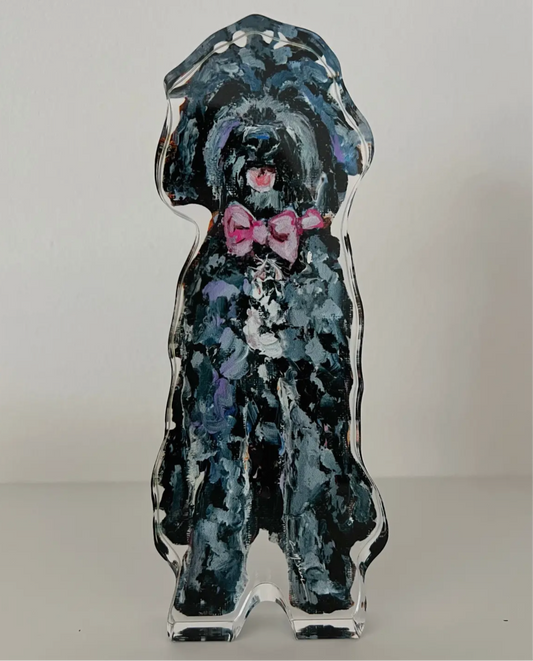 "Golden Doodle Black With Pink Bow" Acrylic Block