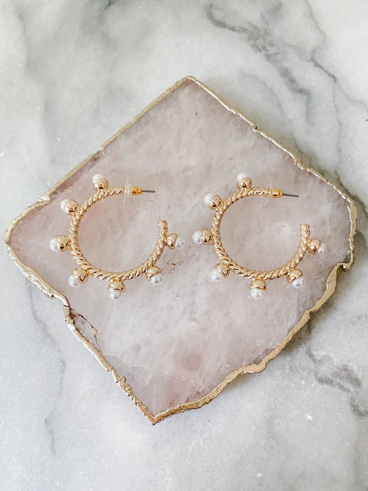 Pearl and Gold Beaded Ball Hoop Statement Earrings