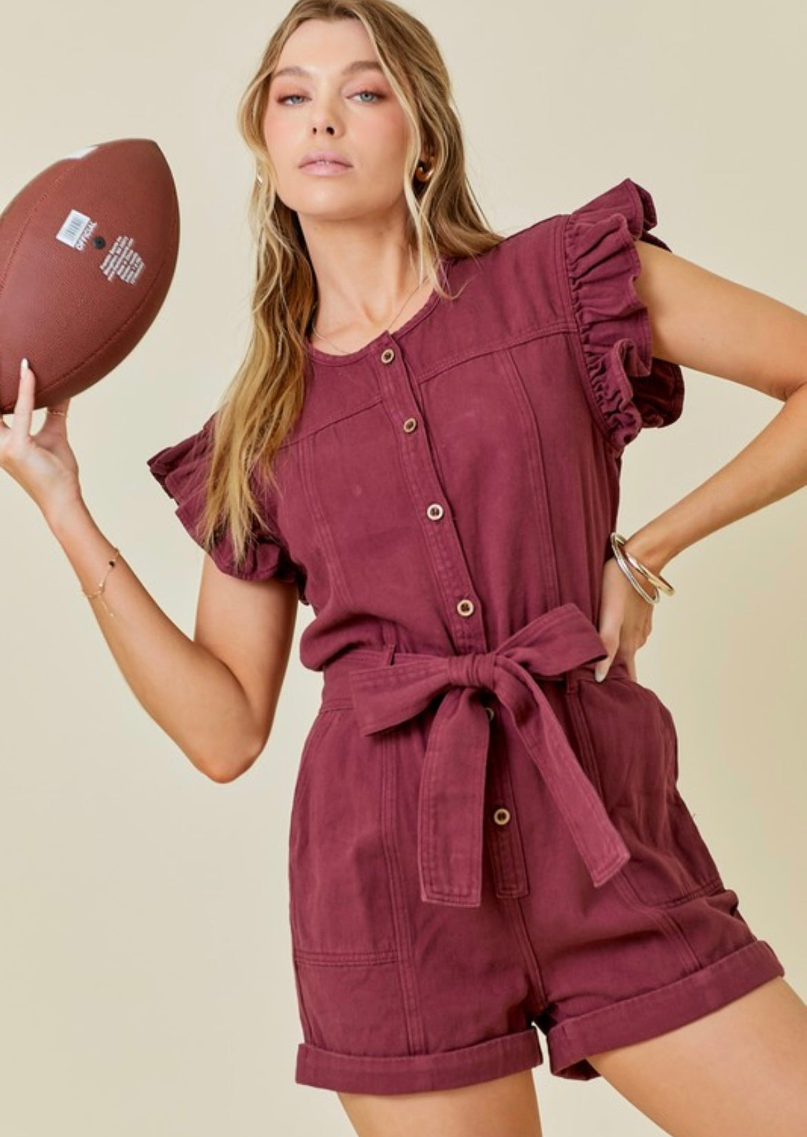 Maroon Ruffle Sleeve Denim Romper