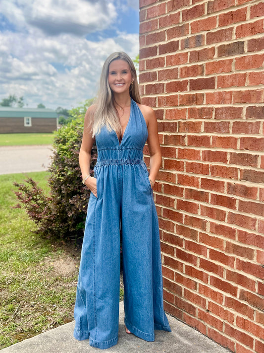Halter Neck Denim Jumpsuit