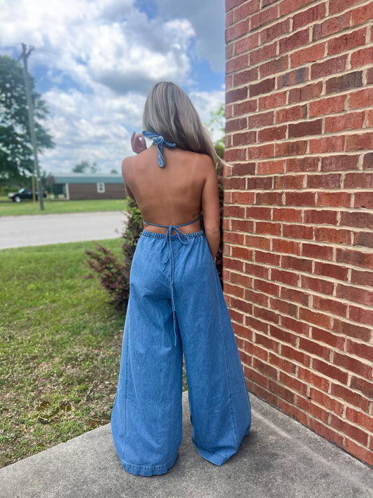 Halter Neck Denim Jumpsuit
