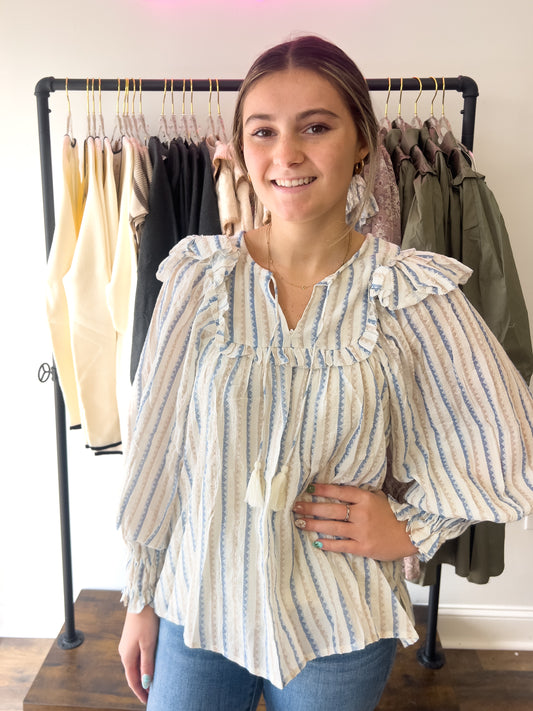 Stripe Neutral Vneck Ruffle Top