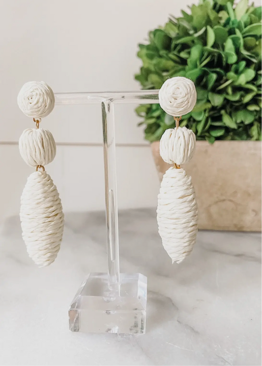 White Raffia Drop Statement Earrings