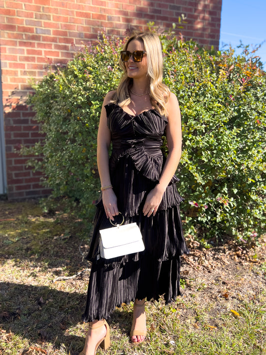 Black Pleated Satin Midi Dress