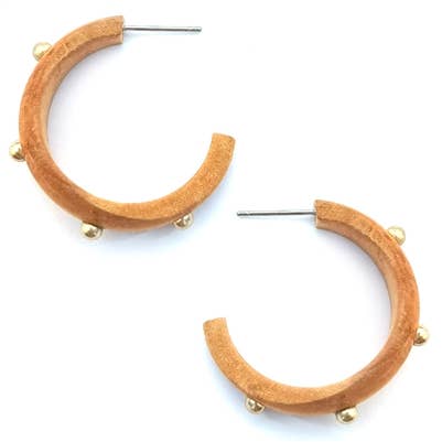 Brown Wood Hoop with Gold Stud Accents 1.75" Earring