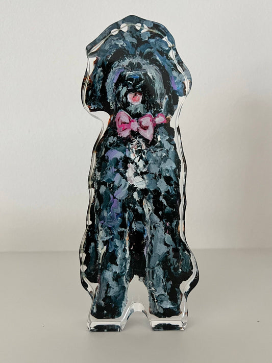 "Golden Doodle Black With Pink Bow" acrylic block